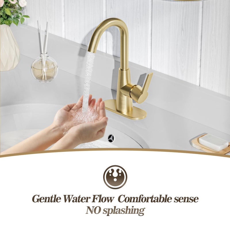 Phiestina Brushed Gold Single-Handle 4 Inch Bathroom Sink Faucet with Deck Plate and Supply Hoses, Bar Sink Faucet/Pre-Kitchen Sink Faucet with 360 Degree Rotation Spout, WE10-BG - Image 3